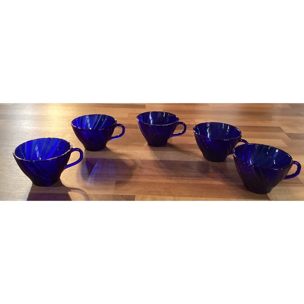 Cobalt Blue Glass Swirl Tea Punch Cups Duralex Vereco France Rivage Set of 5
